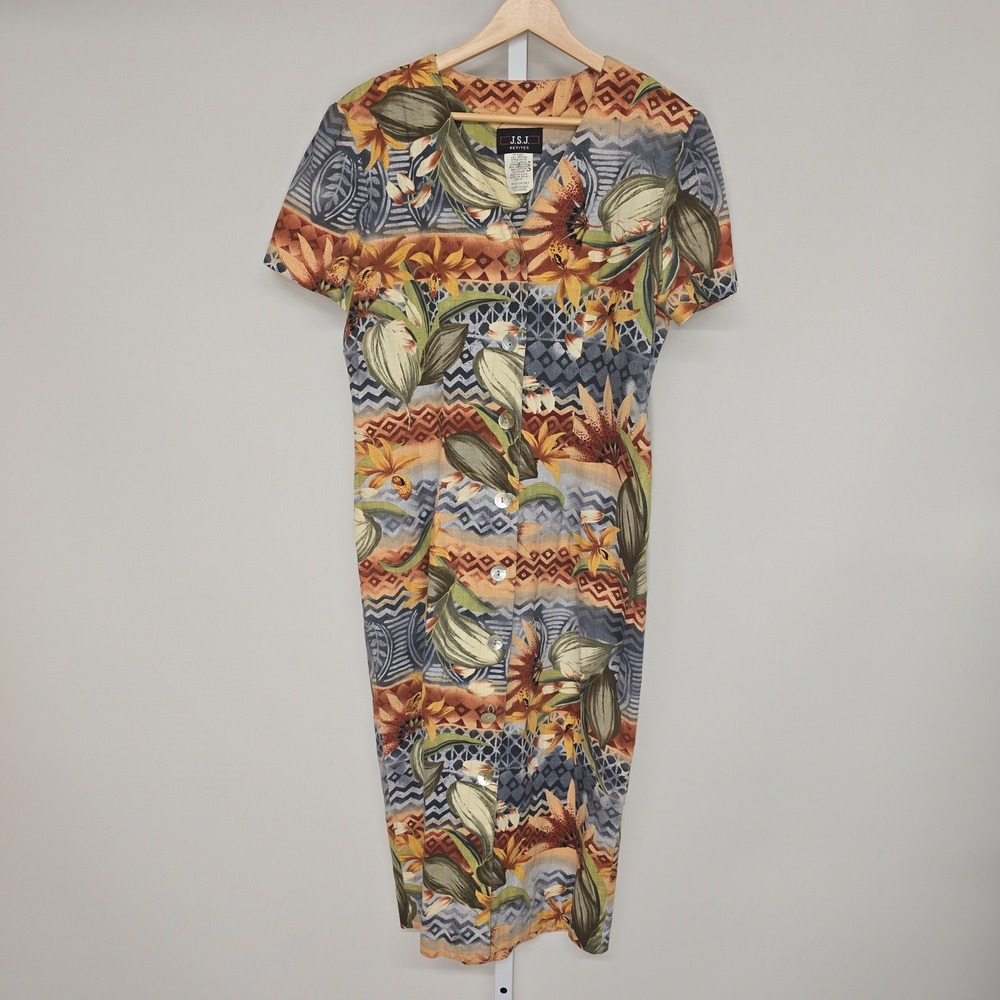 JSJ‎ Petites Vintage 90s Tropical Floral Button Up Midi Dress Linen Cotton Brown